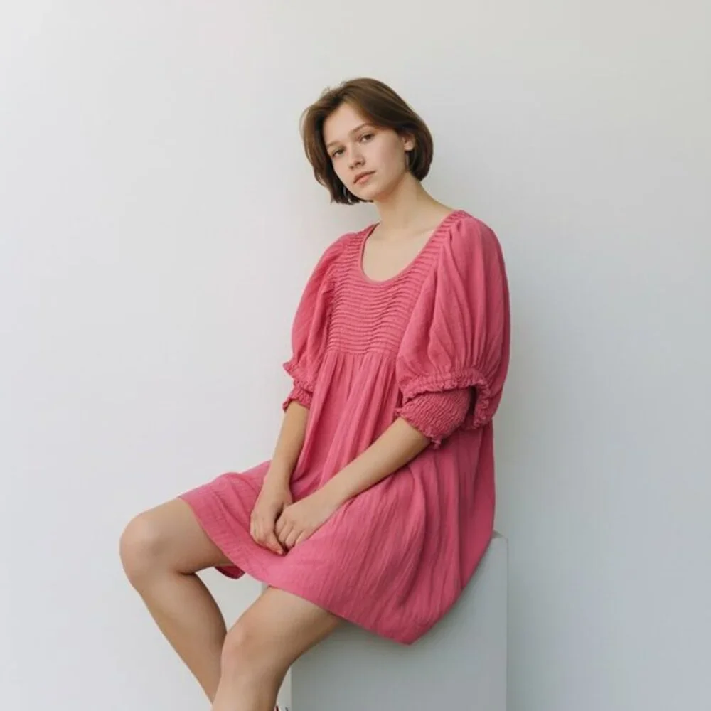 Free People Elsie Mini Dress‎ Pink Cotton Linen Puff Sleeve Babydoll Small